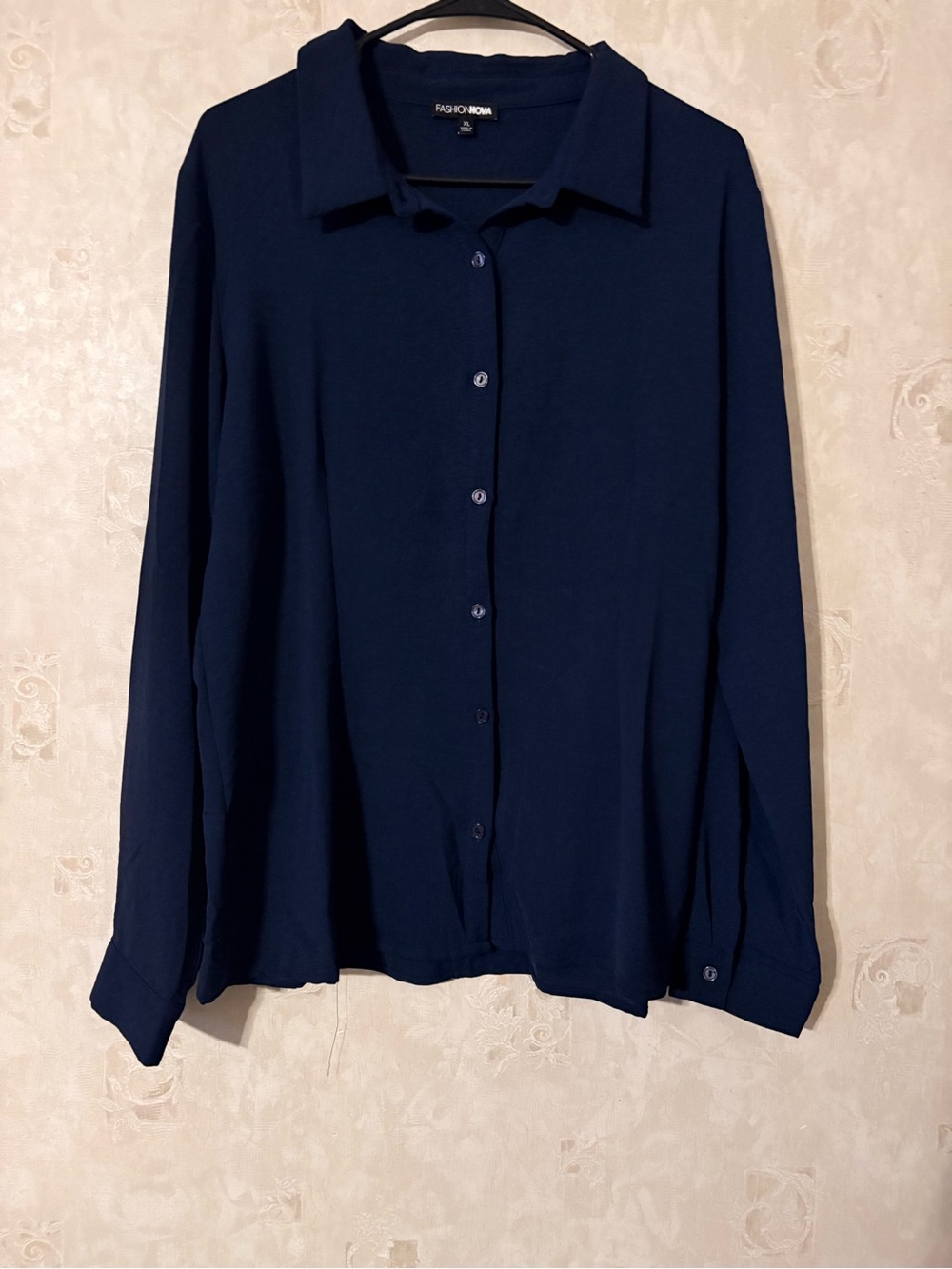 Fashion Nova Navy Long-Sleeve Button Down Shirt